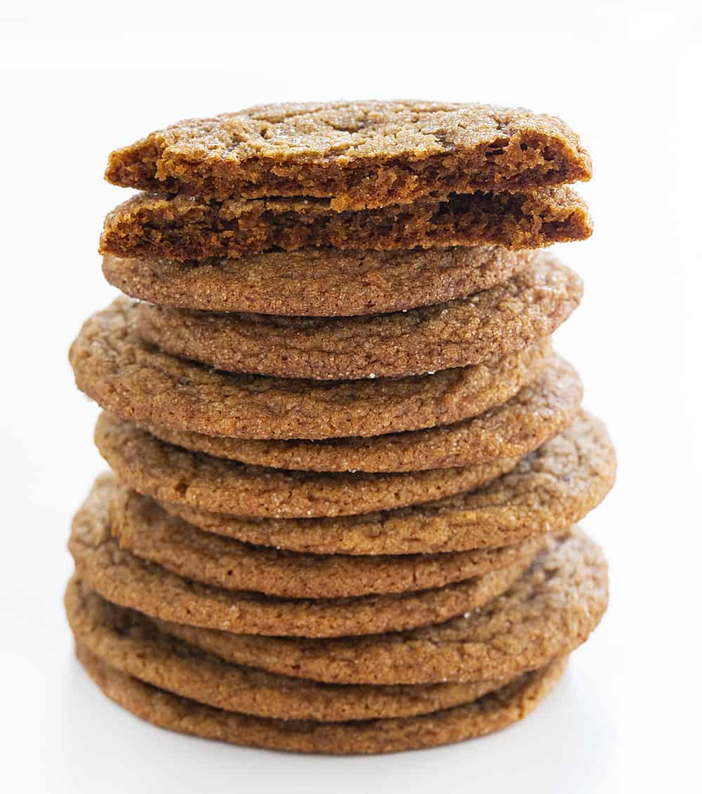 With all the flavors of a ginger snap, but without the crisp bite, this Ginger Cookie is a soft and chewy sweet treat! ginger cookie, soft ginger cookie, cookie recipes, holiday treats, iambaker, baking, easy cookie recipes Soft Ginger Cookies with One Broken and Edges Exposed