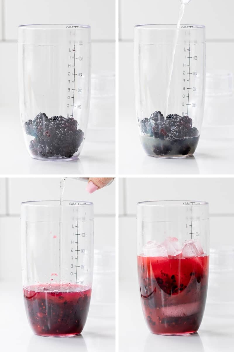 Blackberry Fizz is a refreshing cocktail made with blackberries, freshly squeezed lemon juice, vodka, simple syrup, and club soda. It's just like a blackberry bramble but without blackberry liqueur. It offers a delightful combination of fruity, tangy, and refreshing flavors, making it a perfect choice for a summer sip or any time you're in the mood for a vibrant and lively beverage! Raw Ingredients Going into a Shaker to Make a Blackberry Fizz.
