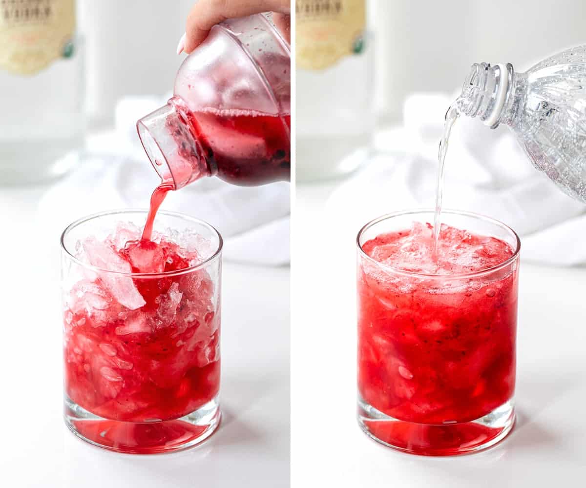 Blackberry Fizz is a refreshing cocktail made with blackberries, freshly squeezed lemon juice, vodka, simple syrup, and club soda. It's just like a blackberry bramble but without blackberry liqueur. It offers a delightful combination of fruity, tangy, and refreshing flavors, making it a perfect choice for a summer sip or any time you're in the mood for a vibrant and lively beverage! Adding Blackberry Juice to Glass to Make a Blackberry Fizz.