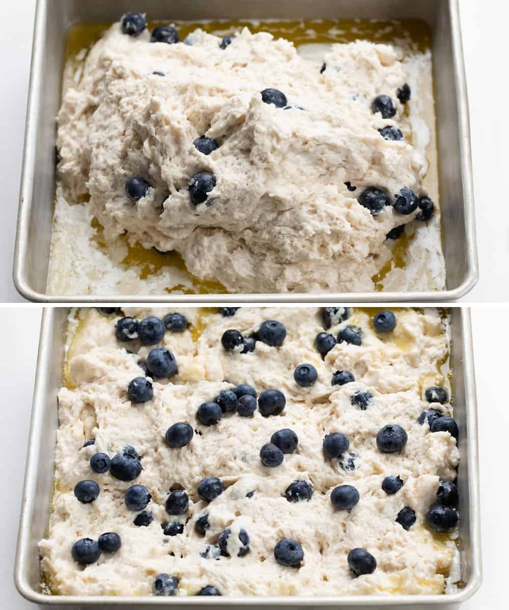 Blueberry Butter Swim Biscuits combine the flavors of blueberries, butter, and a hint of sweetness with a moist and fluffy crumb and crispy golden brown top. They can be enjoyed as a breakfast treat, a snack, or even as a dessert! Plus, they are SO EASY to make! Blueberry Butter Swim Biscuit Batter in a Pan with Malted Butter.