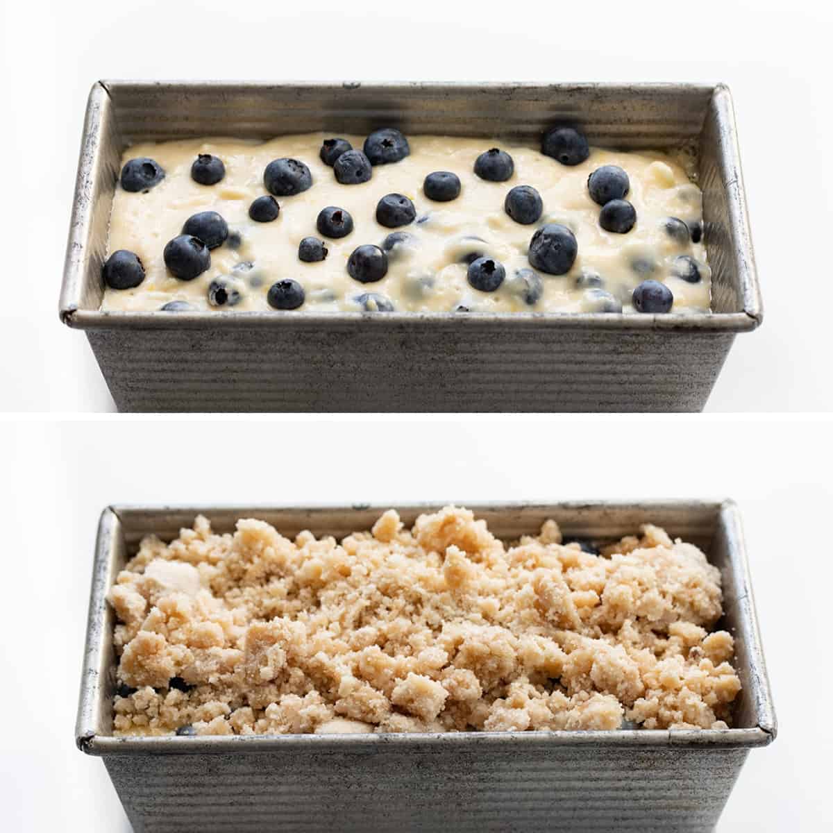 Blueberry Lemon Loaf is a moist cake-like loaf loaded with fresh blueberries and lemon flavor, topped and baked with a crumble topping. Then, the loaf is drizzled with a sweet glaze to make this a perfect breakfast, snack, or dessert. This is a copycat of the viral Costco Blueberry Lemon Loaf and dare I say, even BETTER!! Loaves of Blueberry Lemon Bread Before Baking with Blueberries on Top and Then Crumble.