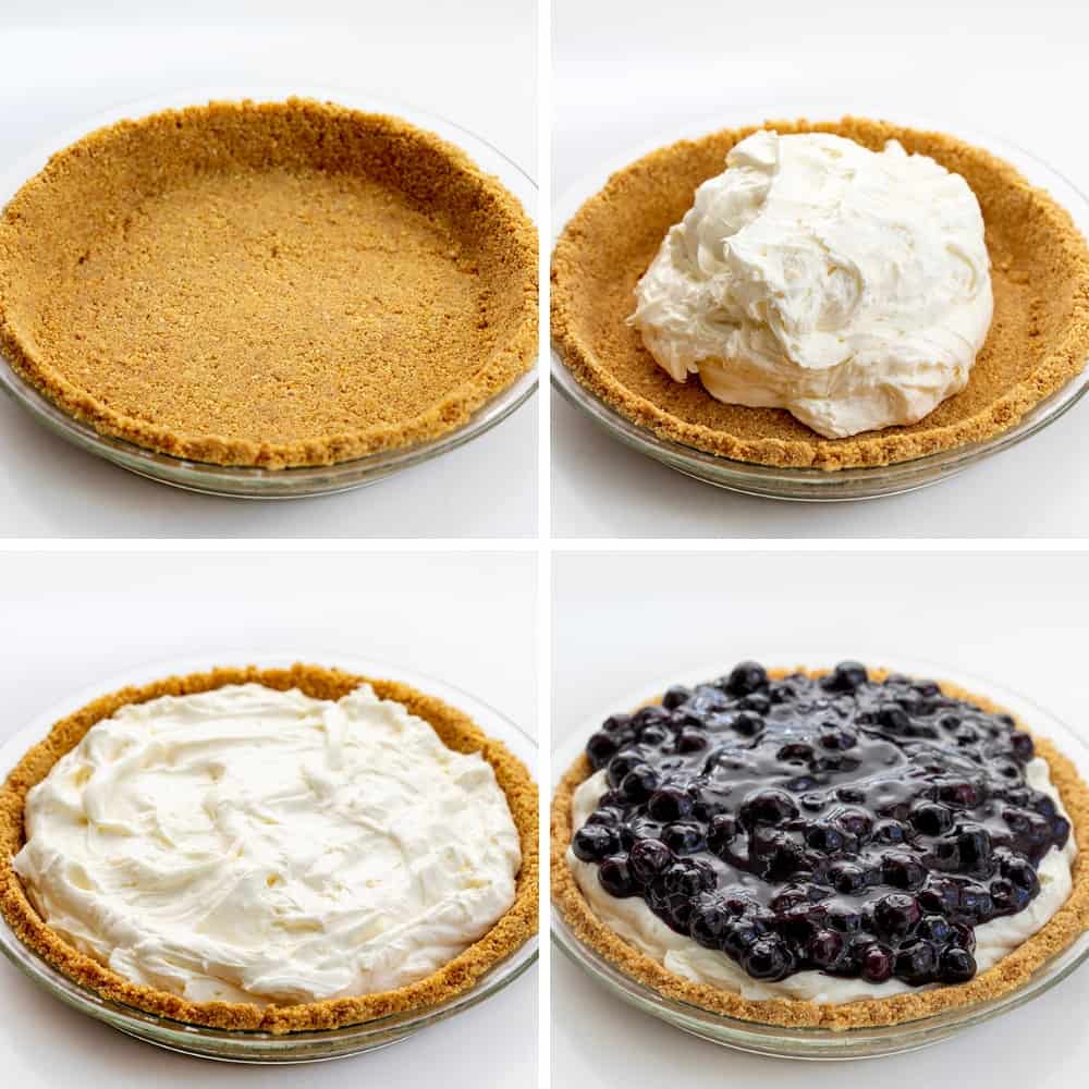 Blueberry Lemon Cream Pie is an ultra-creamy no-bake dessert made with a lemon cheesecake filling and homemade blueberry topping, all in a graham cracker crust. The tangy, silky-smooth lemon filling complements the sweetness of the blueberry sauce creating a luscious treat! Steps for Adding Lemon Filling and Blueberry Topping to a Graham Cracker Crust.