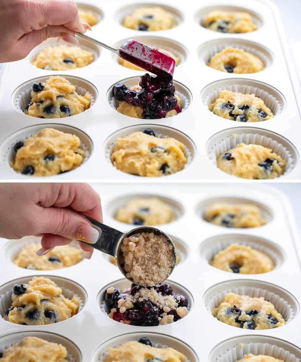 Blueberry Muffins are sweet and fluffy muffins made with fresh blueberries, homemade blueberry syrup, and a crumble topping. Double the blueberry! They are a delicious breakfast, snack, or treat to enjoy with a cup of coffee or tea and a great way to use up ripe blueberries! Adding Blueberry Sauce and then Crumble to Blueberry Muffin Batter.