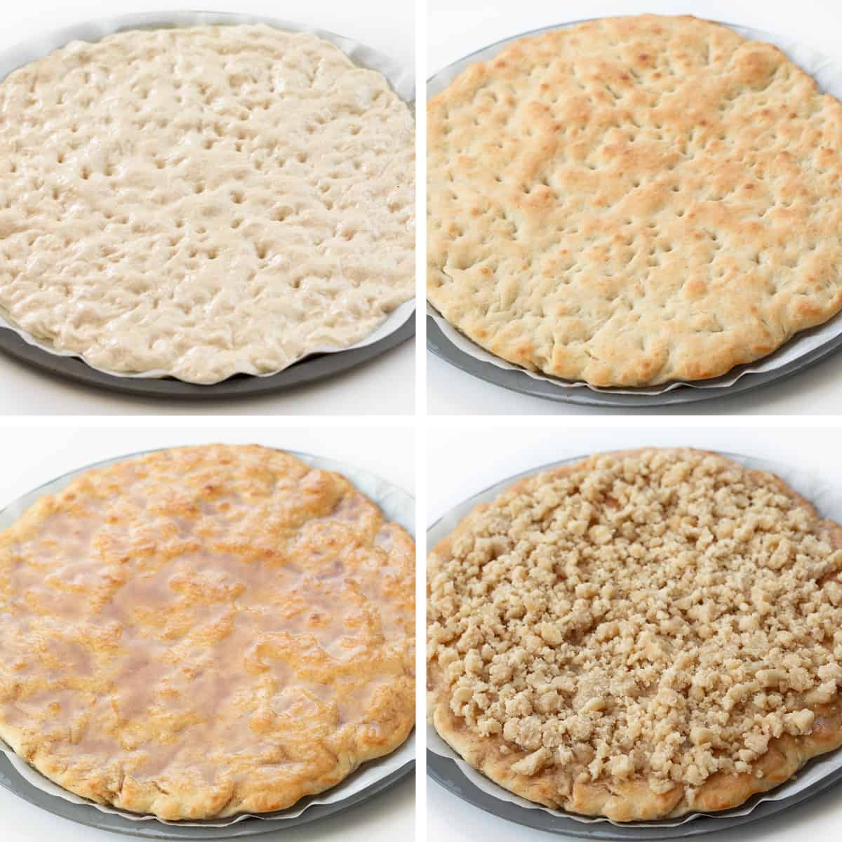 Cactus Bread is a sweet, soft, slightly spiced dessert pizza that folks who go to Pizza Ranch restaurant make a special point to get! The actual Pizza Ranch recipe is a closely guarded secret, but I think this version is just as delicious! It starts with a light and airy focaccia crust topped with cinnamon butter and a delightful crumble topping that will leave everyone craving more! Steps for Making and Assembling a Dessert Pizza (Copycat Cactus Bread).