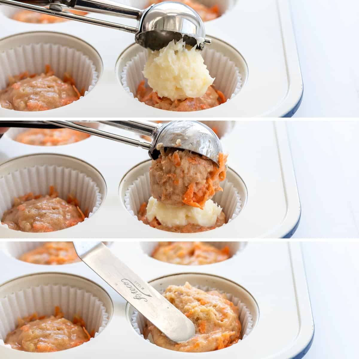 Cream Cheese-Filled Carrot Cake Cupcakes are rich and moist carrot cupcakes filled with a surprise cream cheese center! You still get the flavors of a cream cheese frosted carrot cake with each bite, but with the 'frosting' inside! Steps for Adding Batter, Cream Cheese, and More Batter to Make Cream Cheese Filled Carrot Cake Cupcakes.