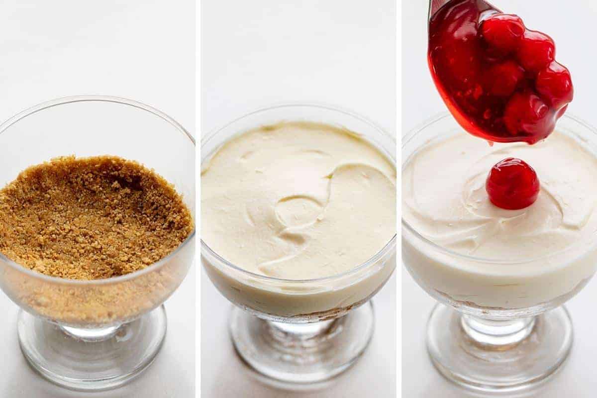 No-Bake Cherry Cheesecake Parfaits are a cheesecake dessert with a graham cracker crust and cherry pie topping, all served in a cup! Dessert, No Bake Dessert, Cherry Cheesecake, Cheesecake Parfait, Cherry Cheesecake Parfait, Cheesecake in a Cup, Creamy Cheesecake, BBQ Dessert, Cookout Dessert, i am baker, iambaker Steps for Making No-Bake Cherry Cheesecake Parfaits; adding crust, cheesecake filling, and cherry pie topping.
