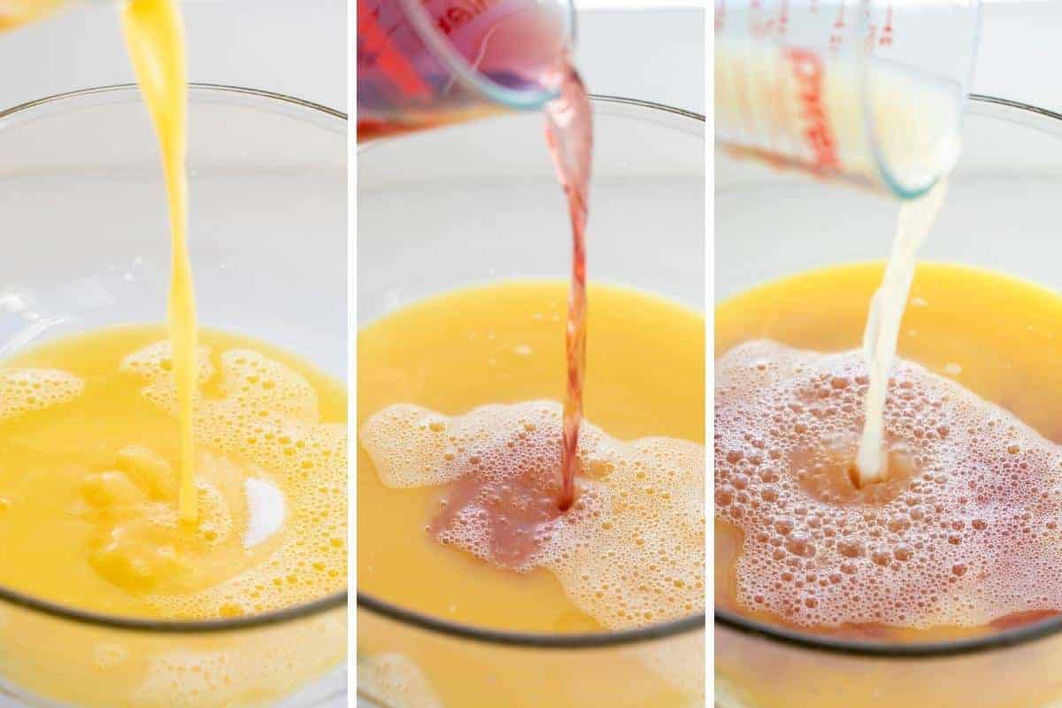 Christmas Punch is a festive and fizzy alcoholic beverage made with orange juice, pineapple juice, cranberry juice, lemon juice, triple sec, rum, and lemon-lime soda. Boozy Punch, Alcohol in Punch, Recipe for Holiday Punch, holiday drink recipes, i am baker, iambaker Ingredients being added to Christmas Punch