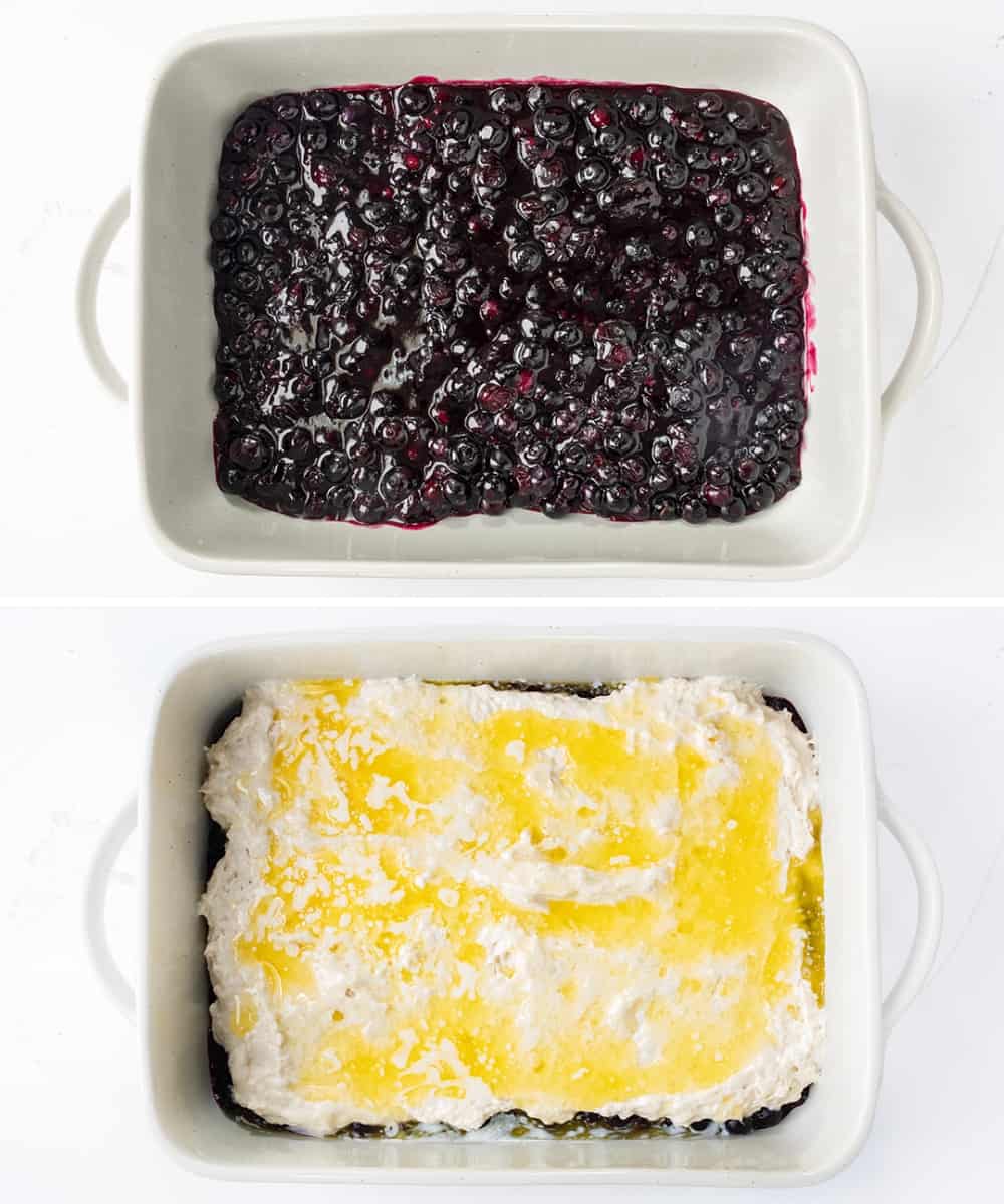 Butter Swim Biscuit Blueberry Cobbler is a delightful dessert that combines homemade blueberry filling with tender, buttery biscuits. It's a perfect treat for gatherings, family meals, or anytime you crave a comforting and fruity dessert. It is so easy to throw together and ready in 30 minutes! Steps for Making Butter Swim Biscuit Blueberry Cobbler in a Casserole Pan on a White Counter.
