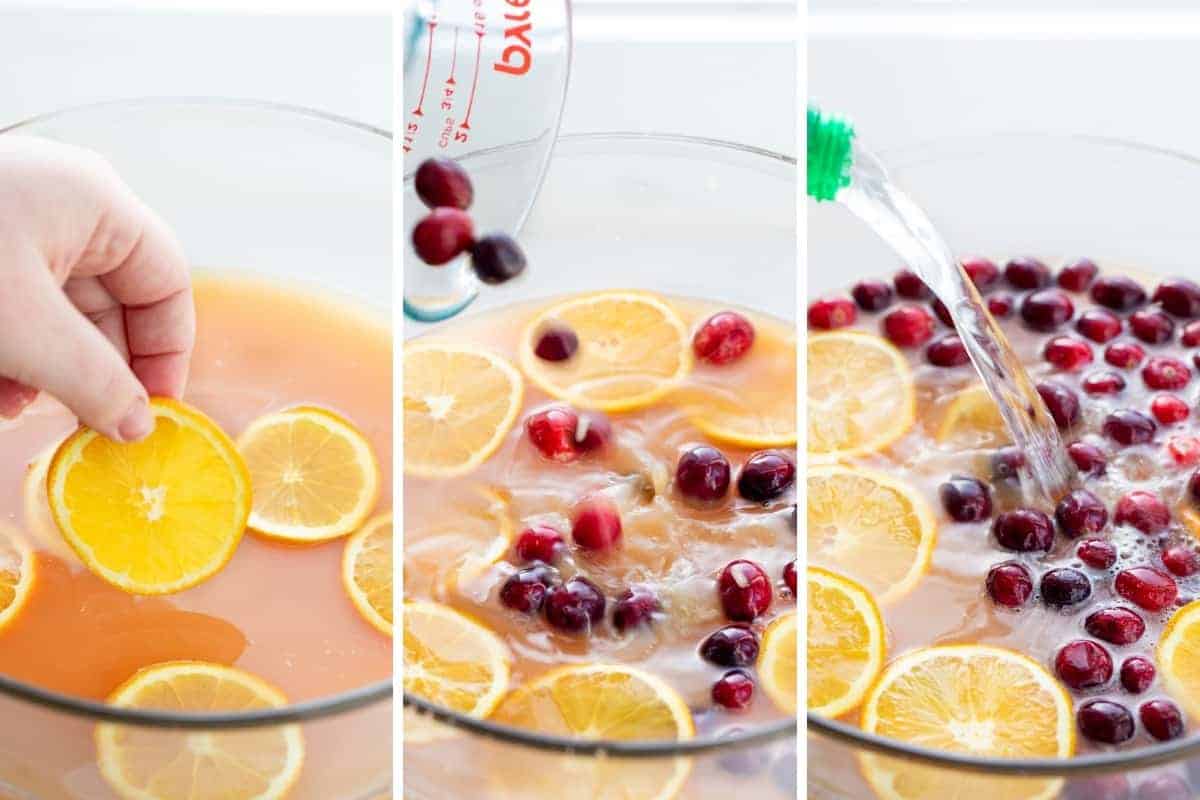 Christmas Punch is a festive and fizzy alcoholic beverage made with orange juice, pineapple juice, cranberry juice, lemon juice, triple sec, rum, and lemon-lime soda. Boozy Punch, Alcohol in Punch, Recipe for Holiday Punch, holiday drink recipes, i am baker, iambaker Adding fruit to Christmas Punch