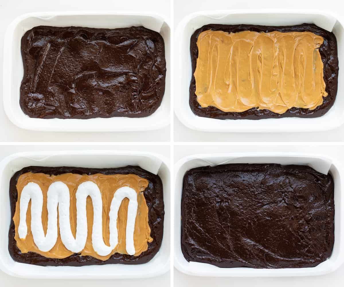 Fluffernutter Brownies are creamy peanut butter and marshmallow fluff sandwiched and baked between two layers of the ultimate fudgy brownies. The brownie layers provide a rich, chocolaty flavor, while the peanut butter and marshmallow layers add a creamy and fluffy contrast! Steps for Making Fluffernutter Brownies With Brownie Batter, Peanut Butter, Fluff, and More Brownie Batter.