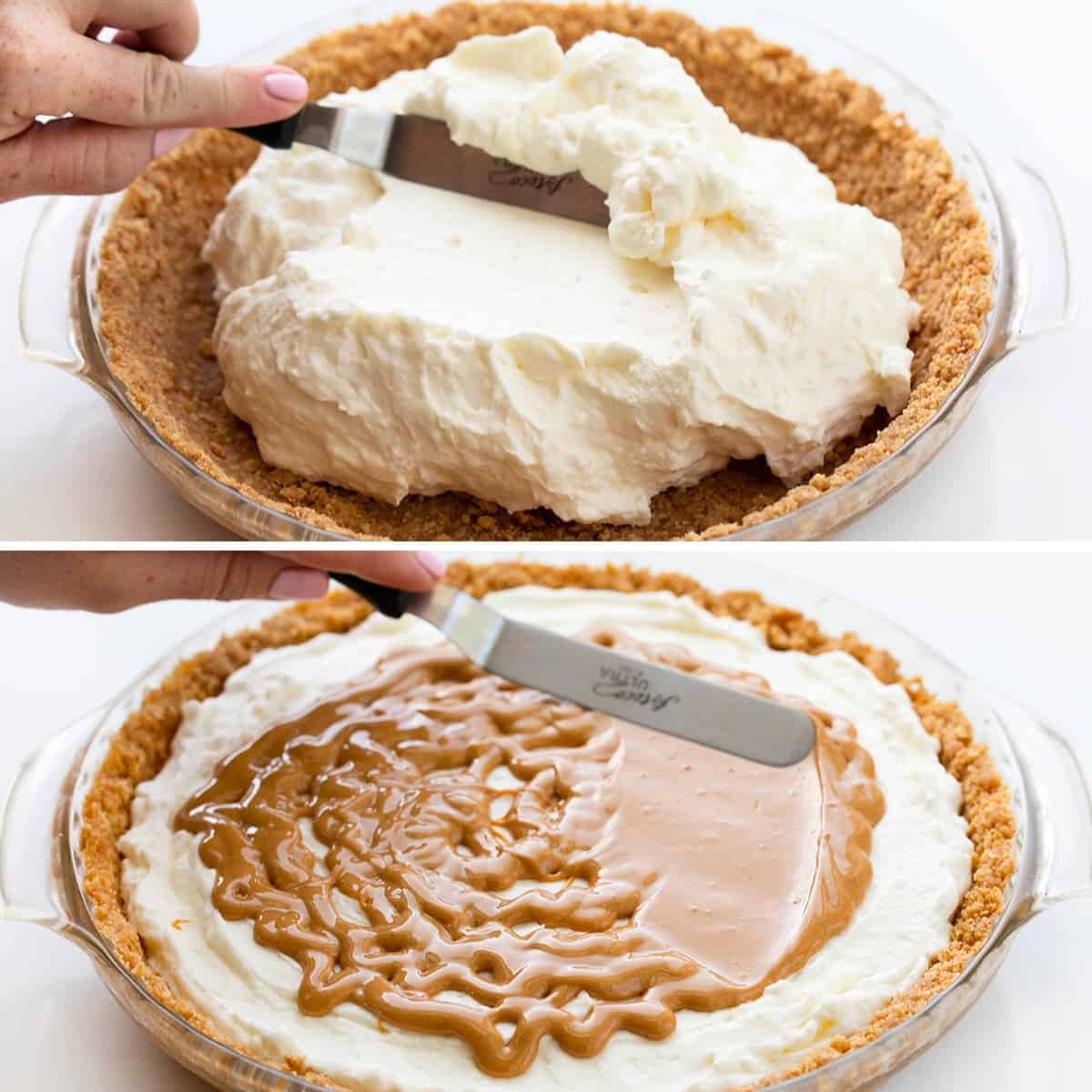 Fluffernutter Pie is a no-bake dessert made with a soft and smooth marshmallow filling topped with creamy peanut butter, all in a graham cracker crust. It's another delightful addition to my list of fluffernutter treats that started with my Fluffernutter Cookies! Steps for Adding Marshmallow Filling and then Peanut Butter to Pie Crust to Make Fluffernutter Pie.