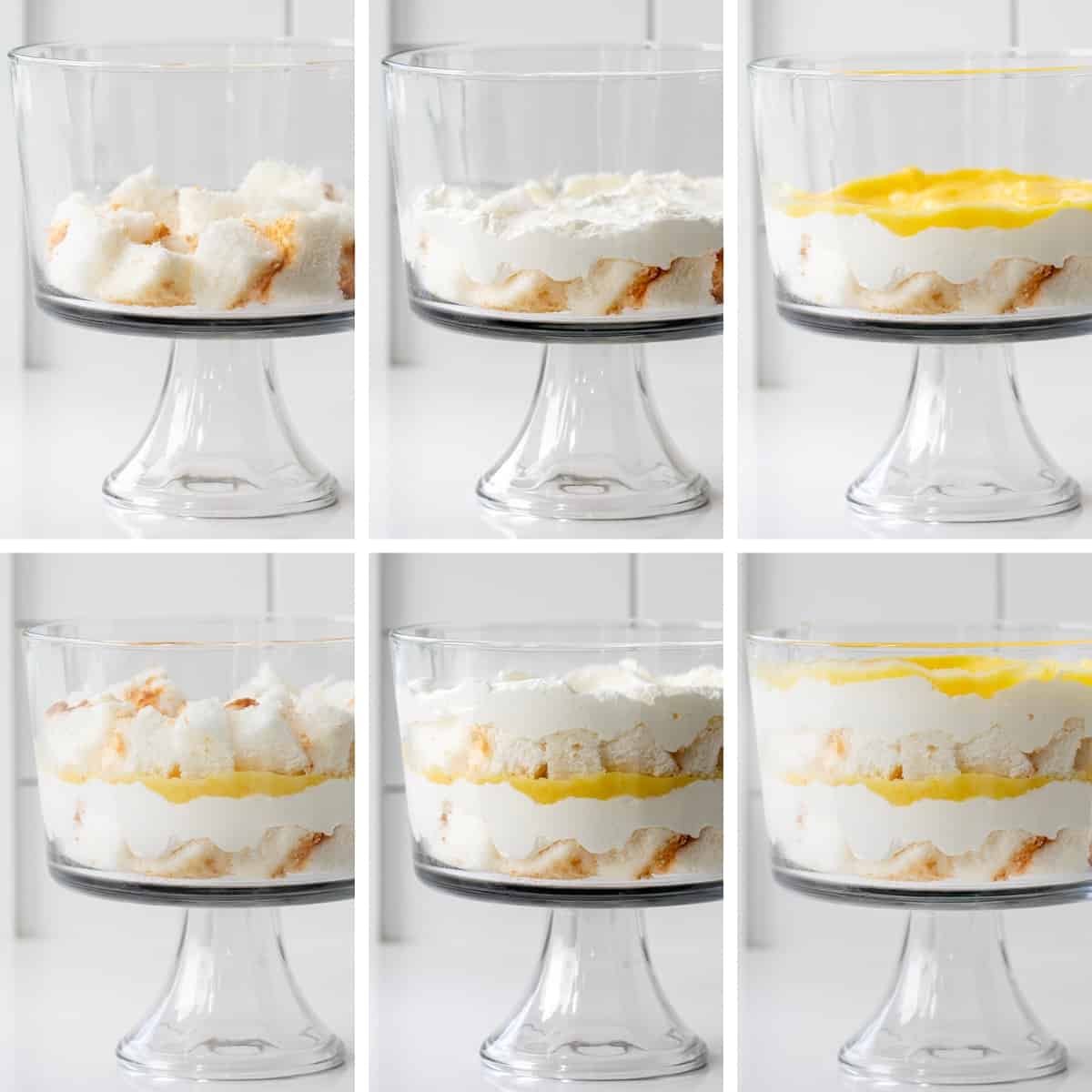 Lemon Cream Trifle is a layered dessert made with cubes of angel food cake, whipped cream, and homemade lemon curd. Each refreshing and indulgent bite is full of lemon flavor with a lovely blend of textures. If you love lemon desserts, you will definitely want to keep the lemon curd recipe on hand for more desserts and treats! Steps for Assembling a Lemon Cream Trifle.