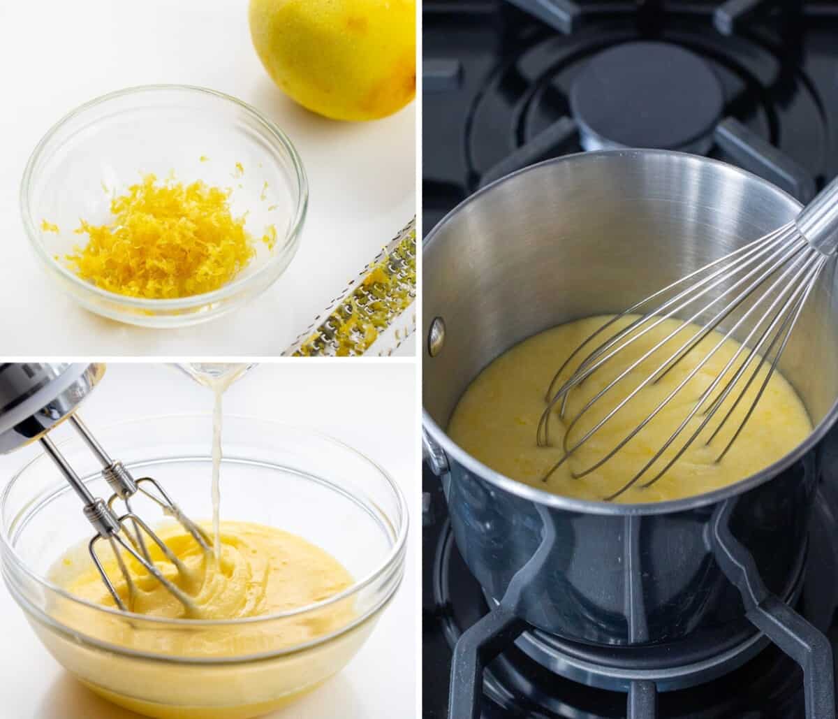 Homemade Lemon Curd is a tart and lemony spread, filling, or topping made from a few simple ingredients. It has a thick and creamy consistency that adds a burst of citrus flavor to many treats and desserts! Steps for Grating Lemon, Making the curd Mixture, and then Heating Curd Mixture to Make Lemon Curd!