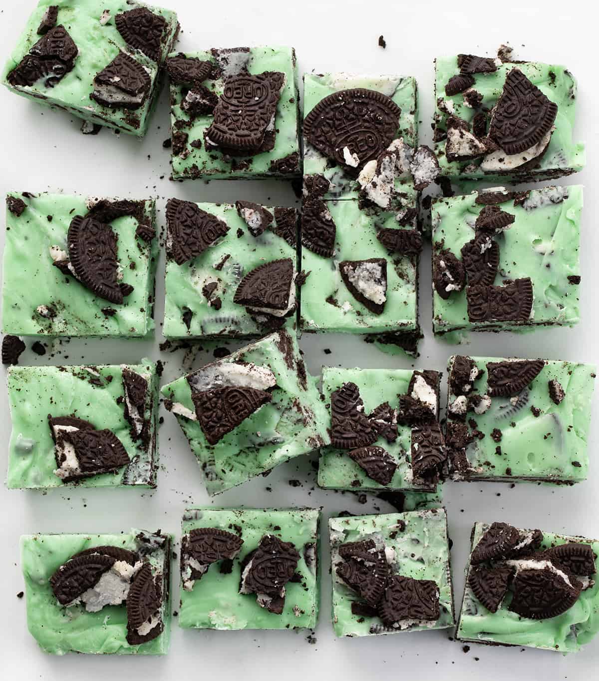 A batch of Mint Oreo Fudge Cut Into Pieces.