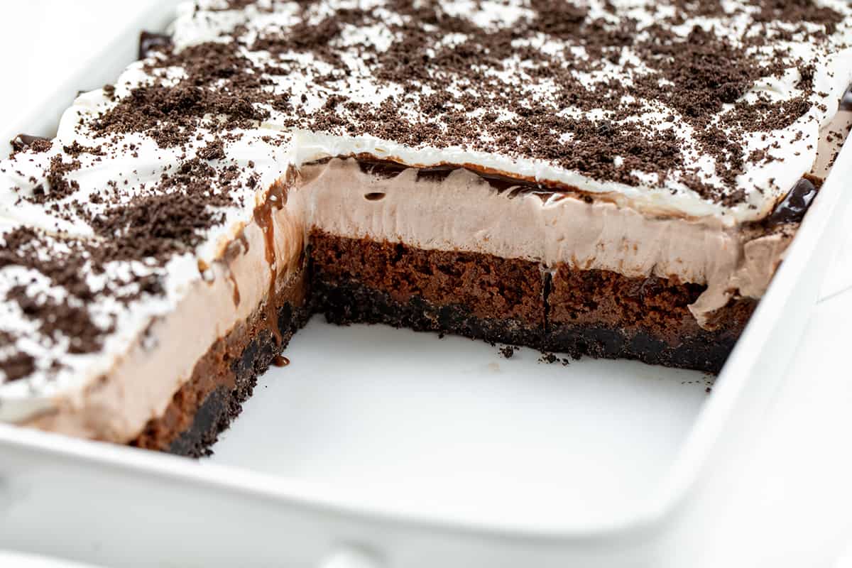 Pan of Chocolate Mud Bars on White Counter.