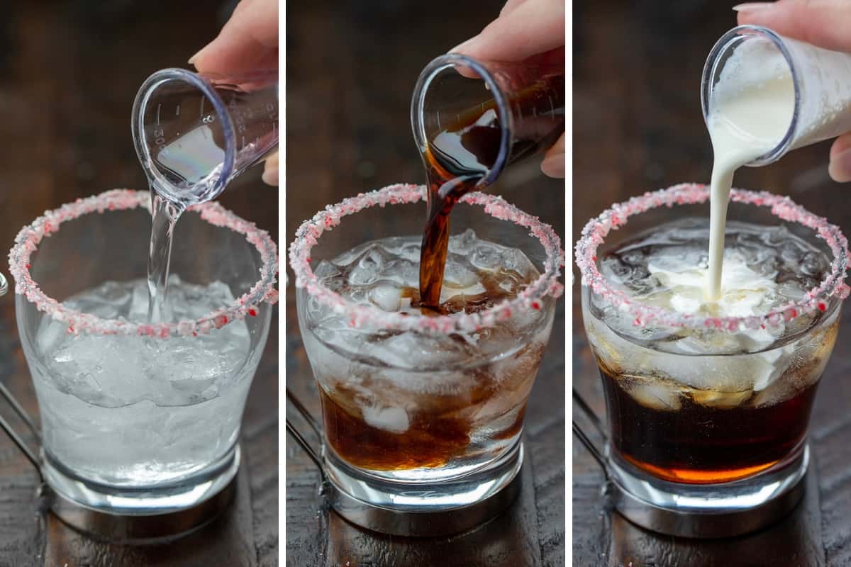 This alcoholic beverage gives a peppermint and festive twist to a White Russian cocktail. It still contains Kahlua, vodka, and cream. But then has added peppermint schnapps to give it a minty twist. And, don't forget about the crushed candy cane around the rim of the glass. That will really be a lovely touch if serving at your Christmas or New Year's Eve parties. Adding Liquors to a Glass to Make Peppermint White Russian.