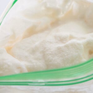 Close up of Soft Serve Ice Cream in a Plastic Bag After Shaking it in a Salt and Ice Bag.