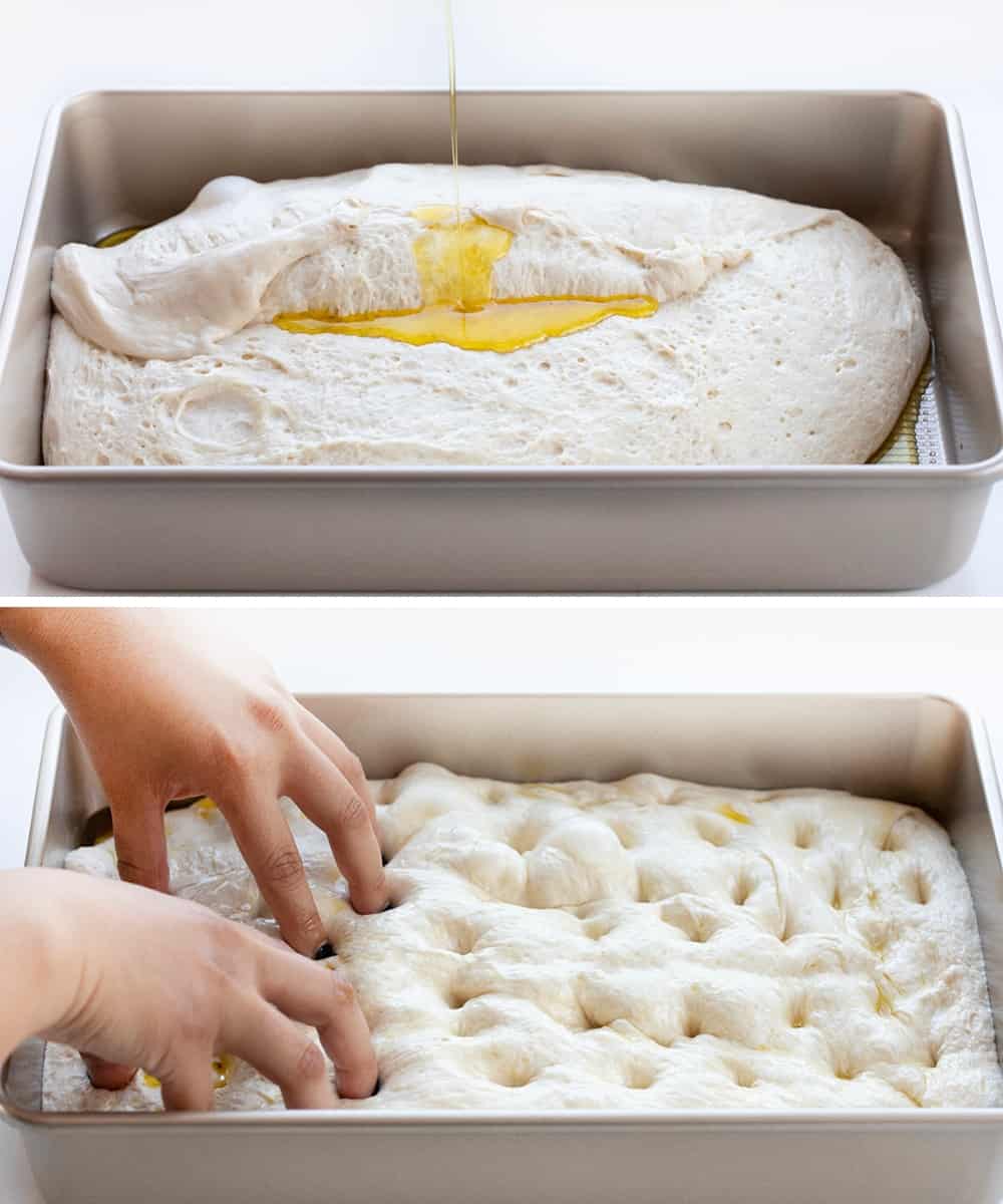 Sourdough Focaccia is fluffy and chewy on the inside with a crispy outside, made with an active sourdough starter for that sourdough flavor in every bite! It is delicious on its own, but also pairs wonderfully with various spreads and dipping options. Plus, it is made in a baking dish with just a few ingredients and no yeast. If you have a little patience, you can certainly make this bread. Adding Sourdough Focaccia Dough to a Pan and Adding Oil then Dimpling.