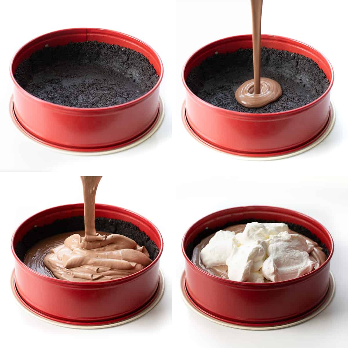 Triple Chocolate Mousse Pie is a decadent no-bake layered dessert with an Oreo crust topped with chocolate pudding, chocolate mousse, and whipped topping. It's a treat that chocolate lovers will savor and enjoy! Steps for Making a Triple Chocolate Mousse Pie in a Spring-form Pan with Oreo Crust.