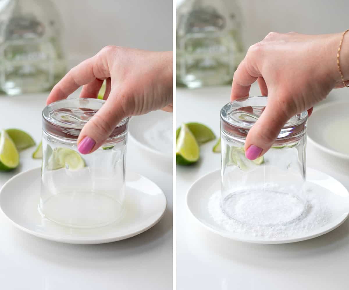 Watermelon Refresher is a delightful fizzy cocktail that combines the flavors of watermelon, lime, and a hint of tequila with a splash of Sprite. It's a perfect drink for a hot summer day, an outdoor gathering, or anytime you are craving a refreshing adult beverage! Dipping Glass into Lime Juice and Salt to Make a Watermelon Refresher Cocktail.