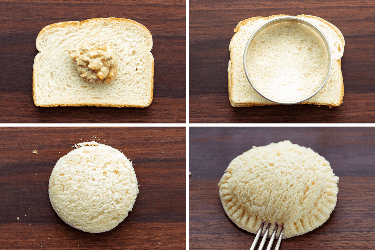 Process of Making Banana Bread French Toast Pockets - Bread, Adding Filling, Cutting Out Bread, Sealing Bread with Fork